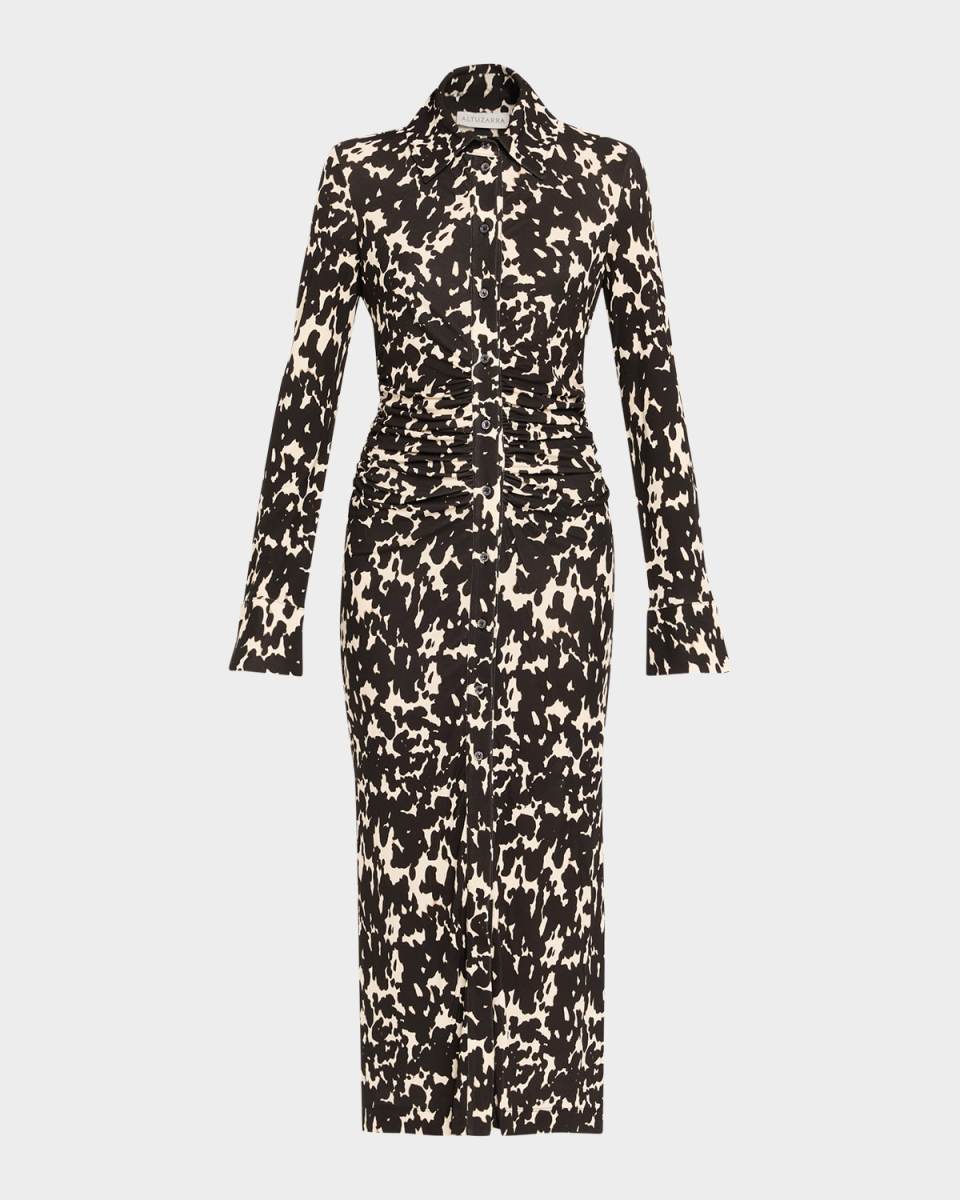 Claudia Spotted Long-Sleeve Midi Shirtdress